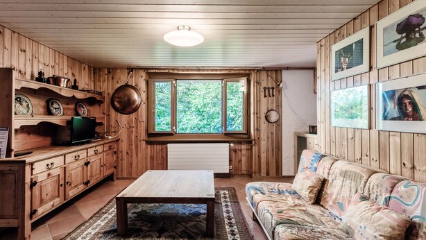 Un interior de madera con un sofá, una mesa de centro, un televisor y un ventanal con vistas a la vegetación.