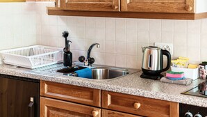 Cocina con armarios de madera, un lavamanos de acero inoxidable, una tetera y un escurreplatos.
