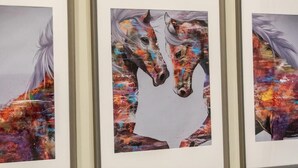 Une œuvre d’art encadrée représentant deux chevaux sur un fond abstrait aux couleurs vives.