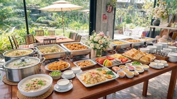 A buffet with various dishes and drinks, set outdoors with a view of greenery.