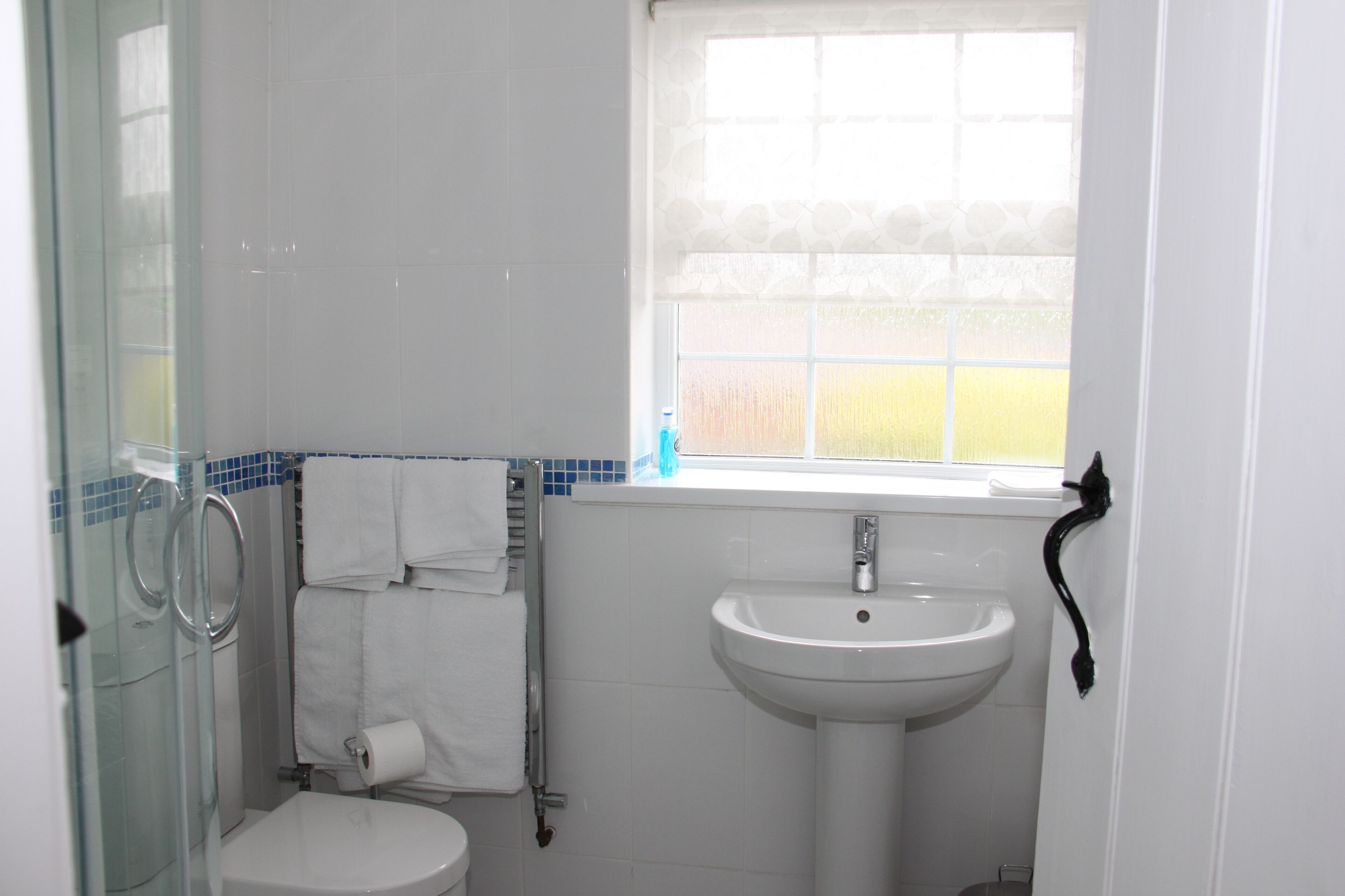 A bathroom with a toilet, a sink, a glass shower enclosure, and a window with a view of a garden.