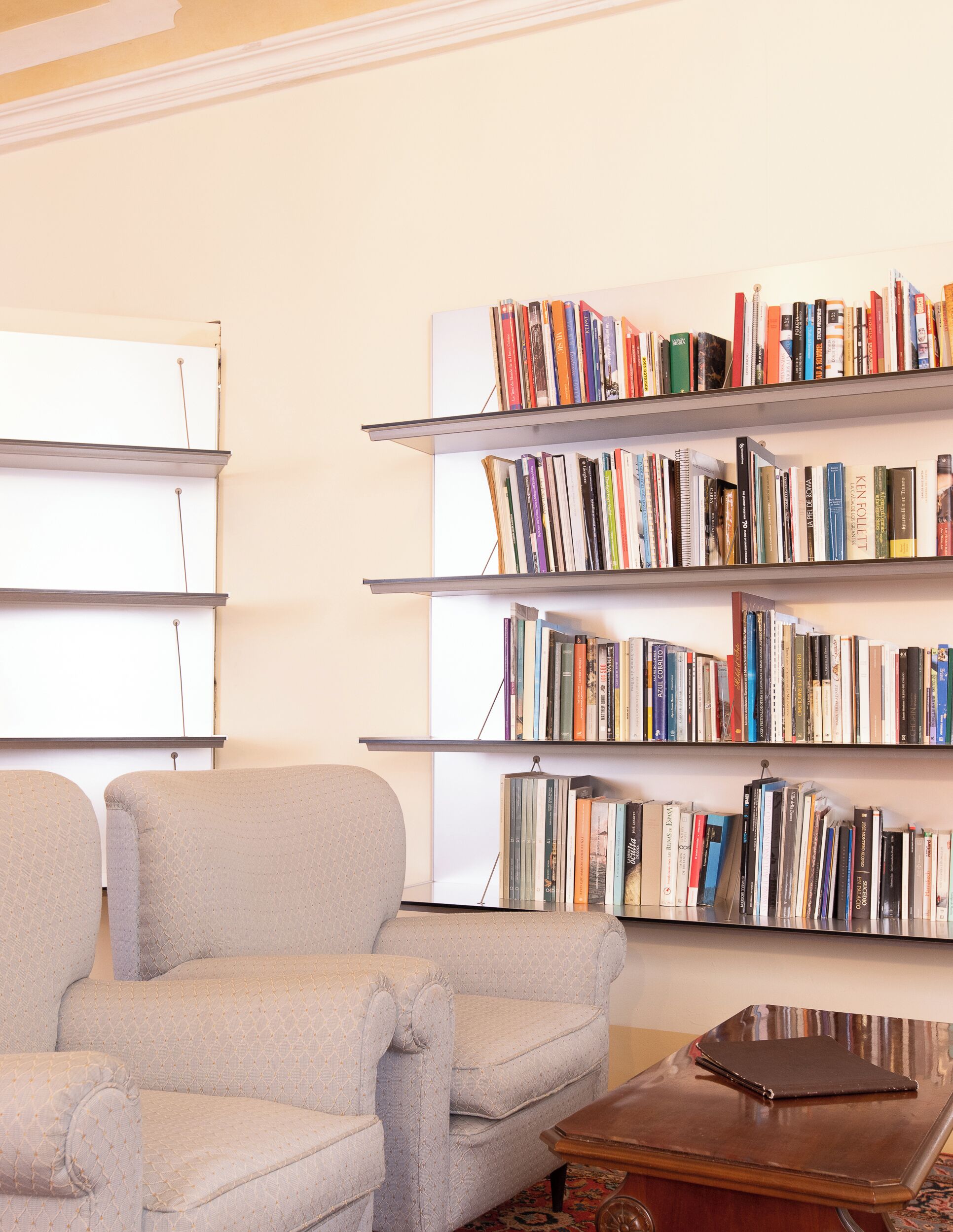Un salon avec un canapé, une table basse et une bibliothèque remplie de livres.