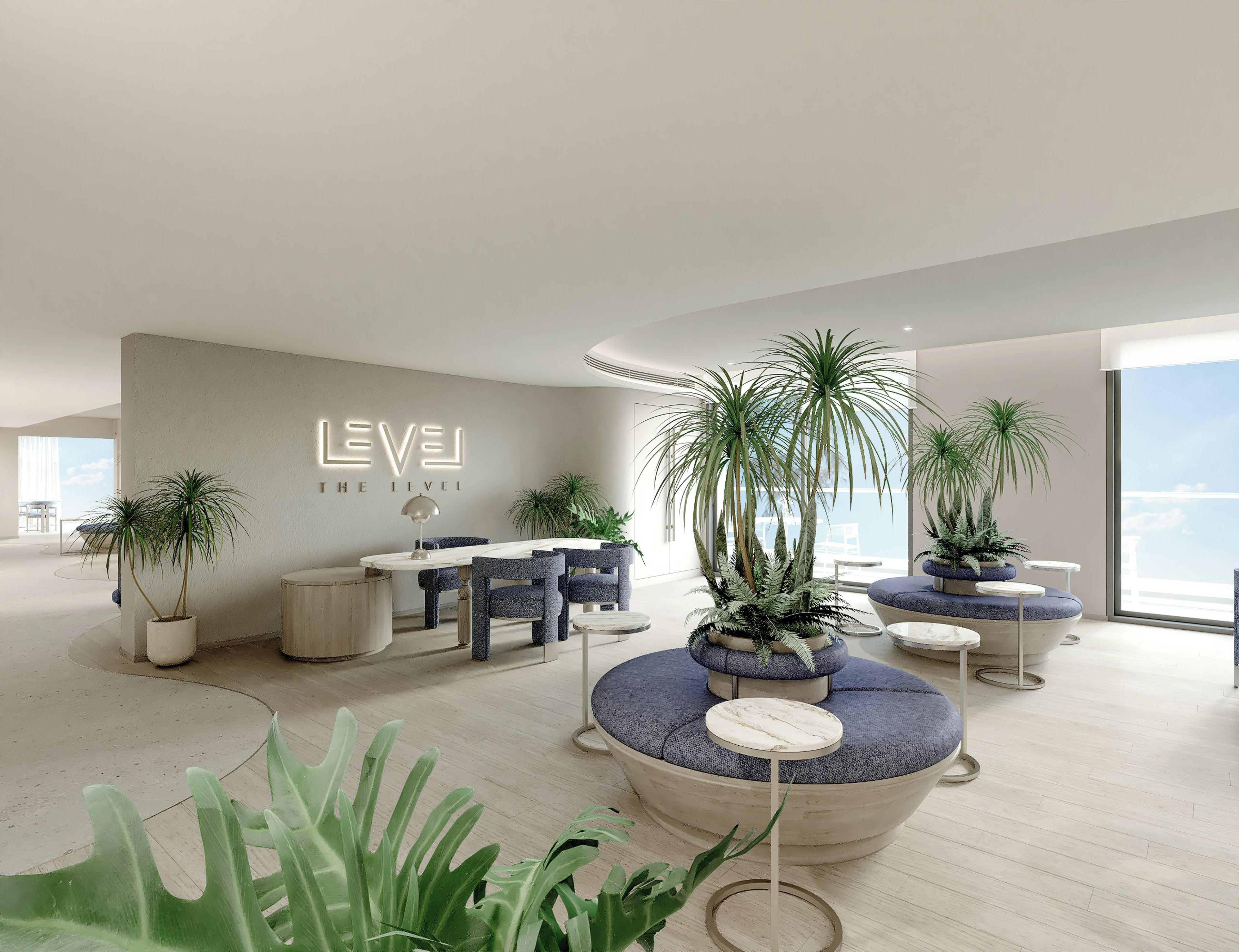 A modern interior with a dining area, large windows, and multiple potted plants.