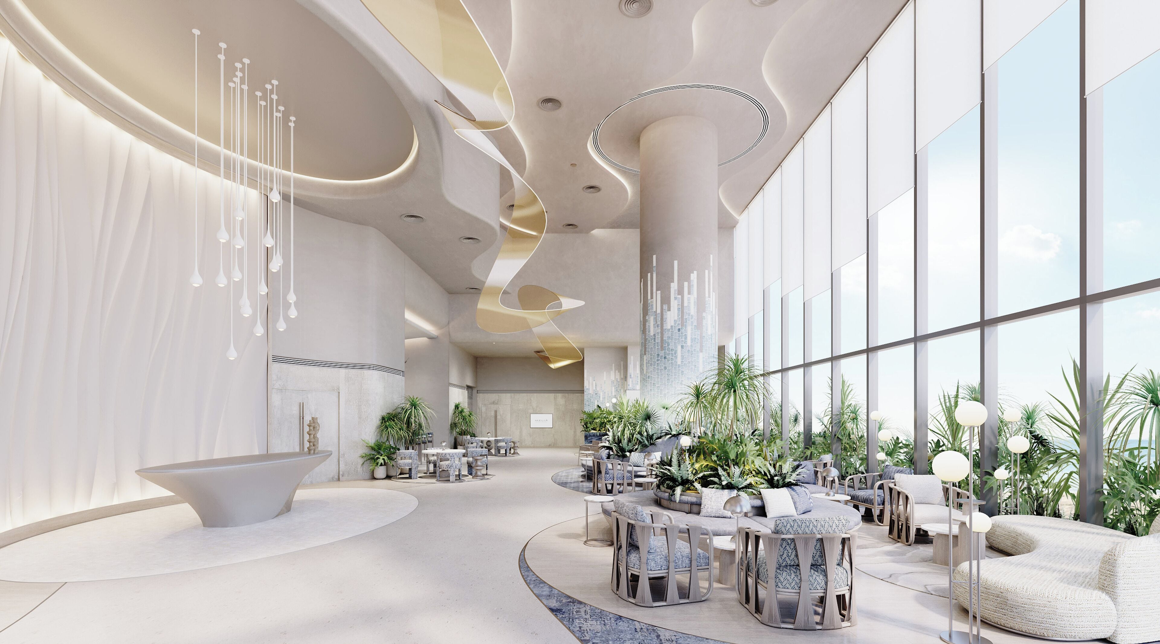 A spacious lobby with modern furniture, large windows, and decorative ceiling elements.