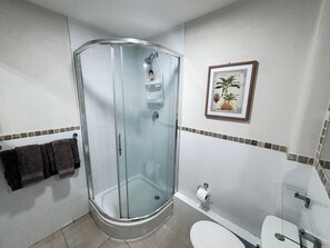 Een douche, een haardroger, handdoeken, toiletpapier