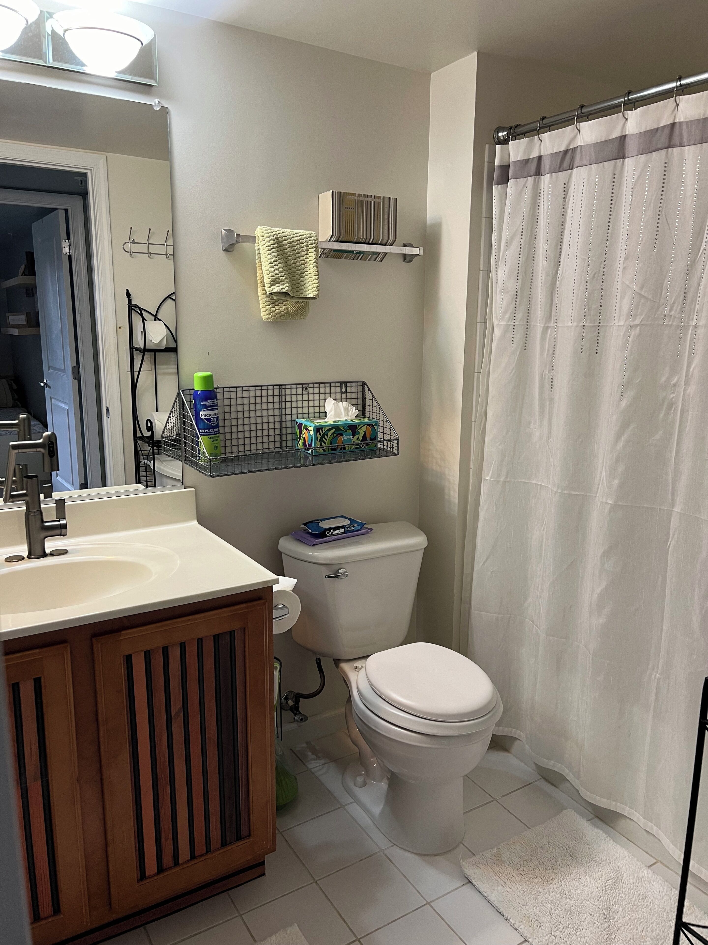 Hair dryer, towels, soap, toilet paper