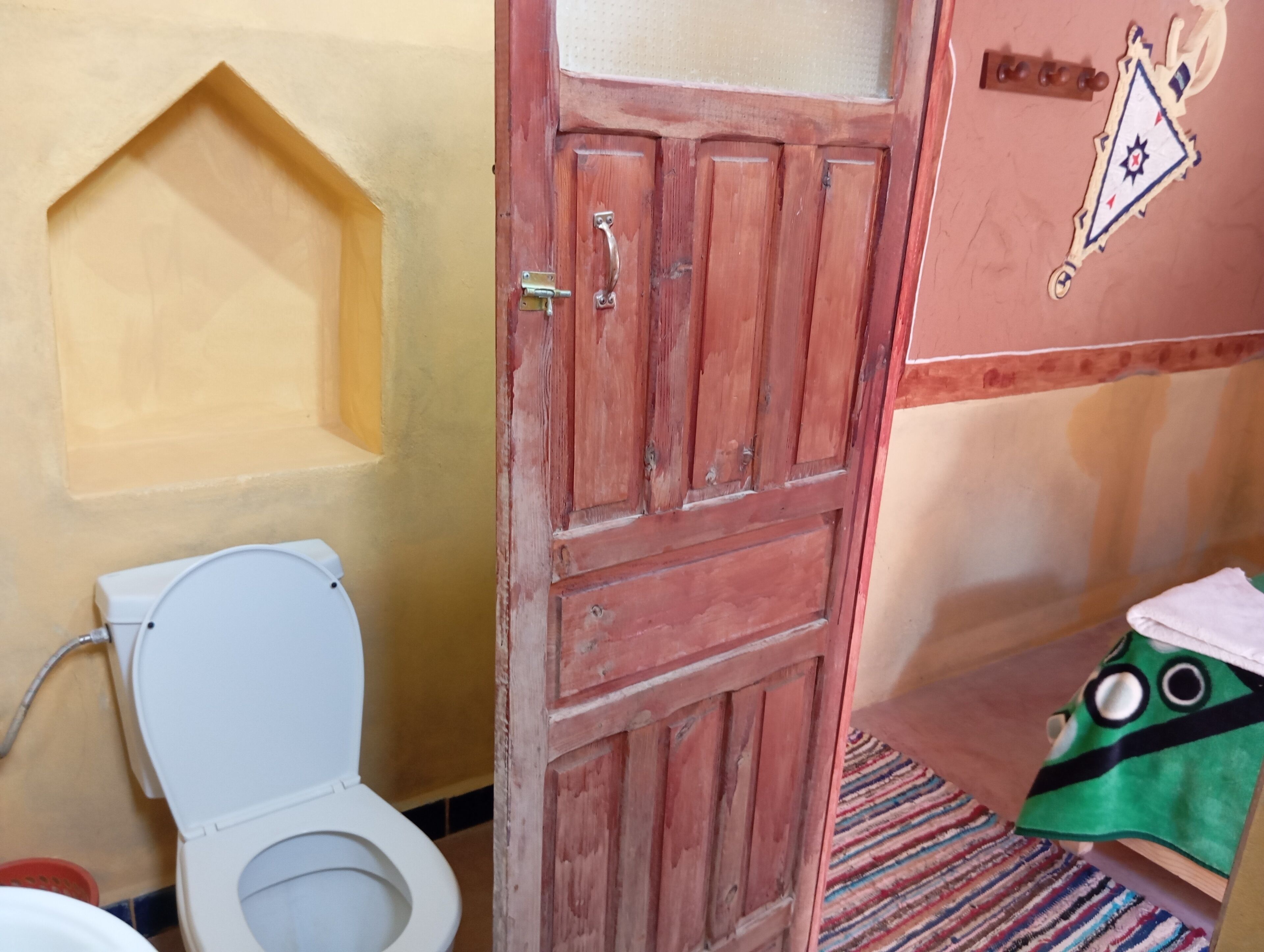 A bathroom with a wooden door, a toilet, and a towel hanging on the wall.
