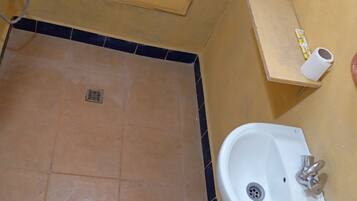 A bathroom with a toilet, sink, and shower area.
