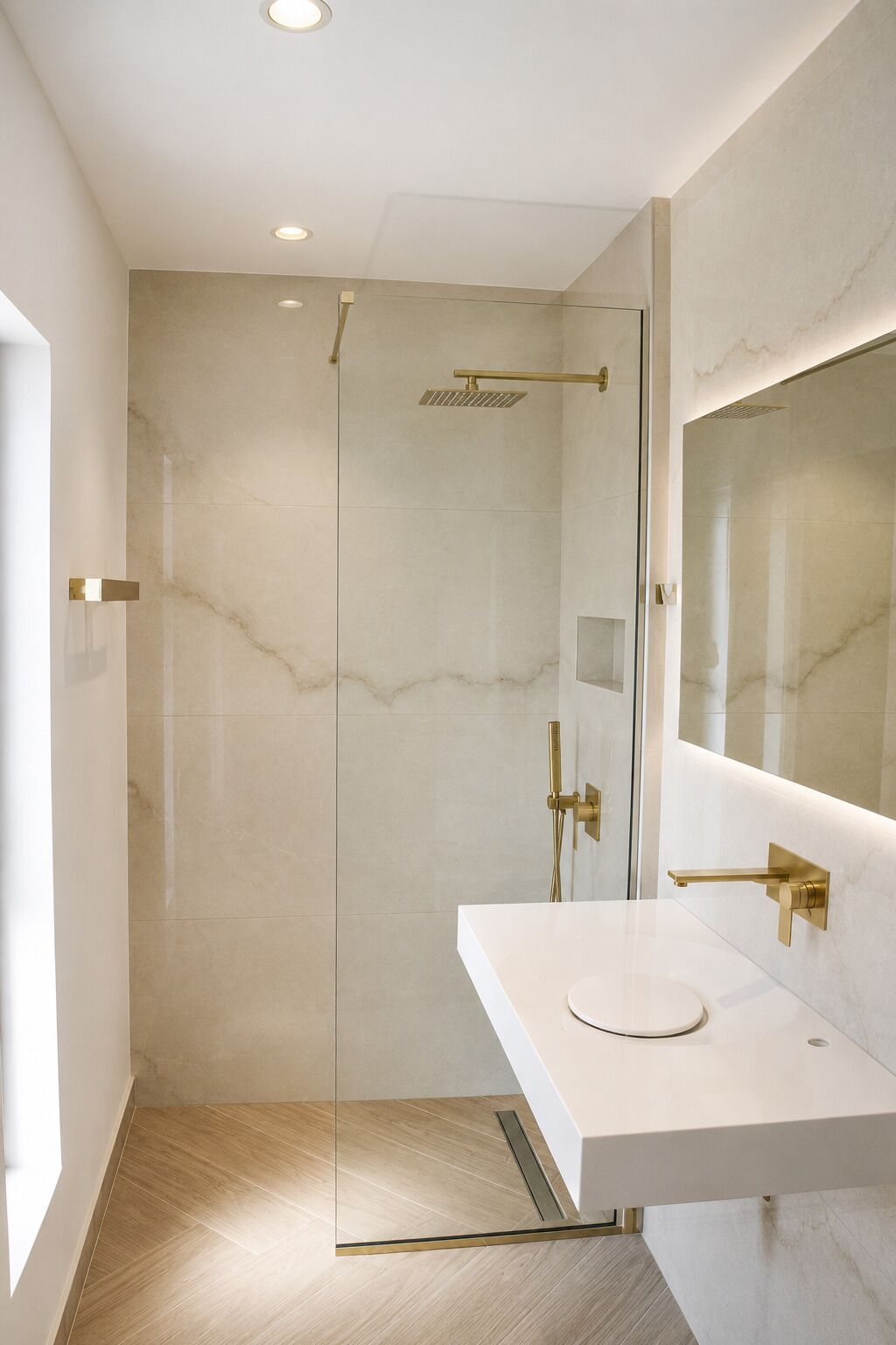 A modern bathroom with a glass shower enclosure, a white vanity, and a large mirror.