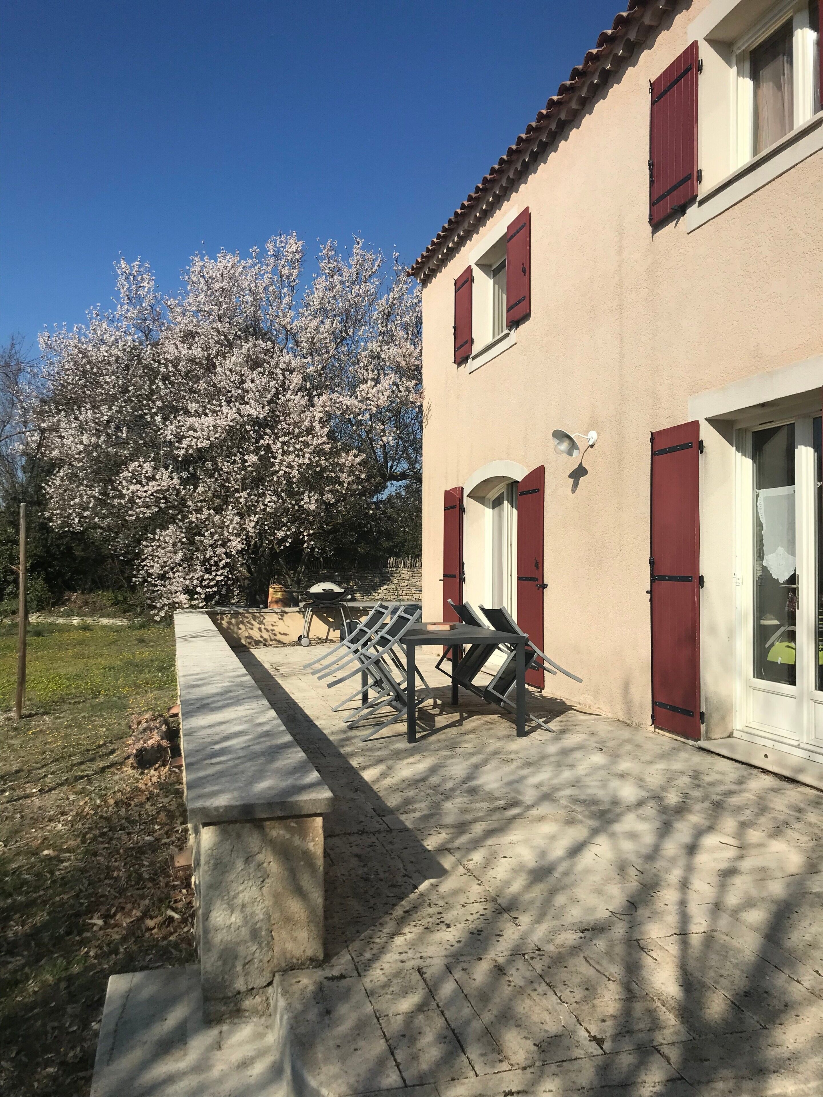 A building with red shutters, a patio with outdoor furniture, and a tree with white blossoms.