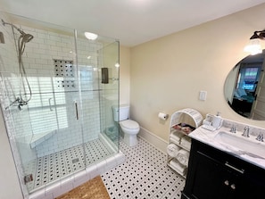 Douche, séchoir à cheveux, serviettes fournies, savon