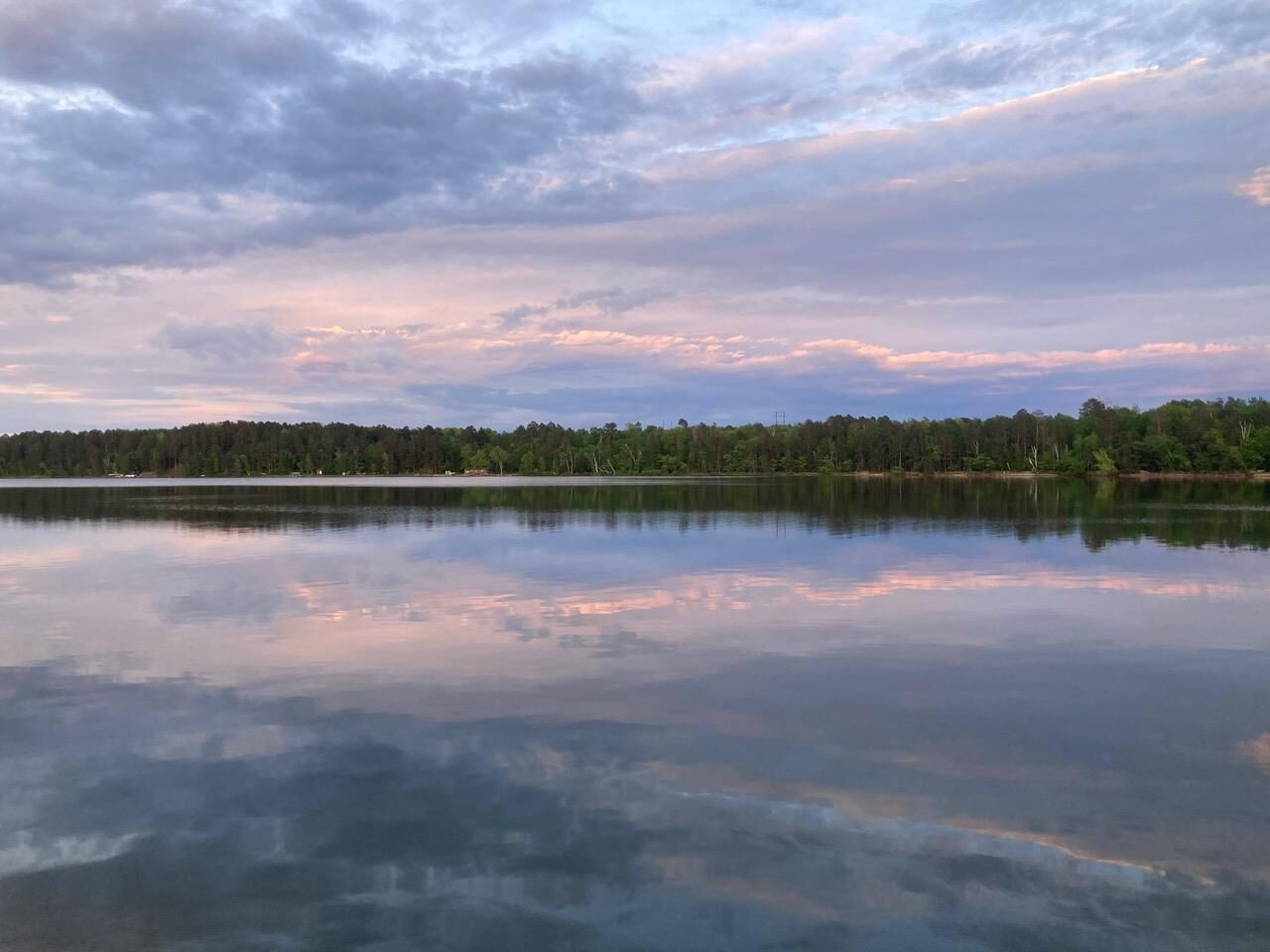Un lago tranquilo con una orilla arbolada y un cielo despejado.