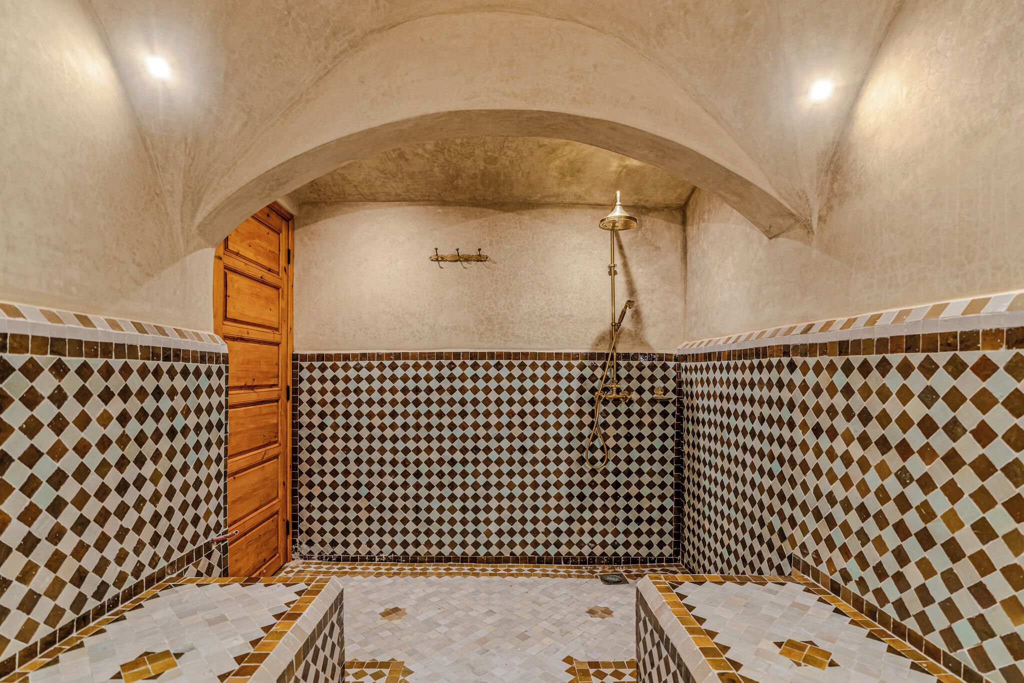 A bathroom with a checkered tile pattern, a wooden door, and a shower area.