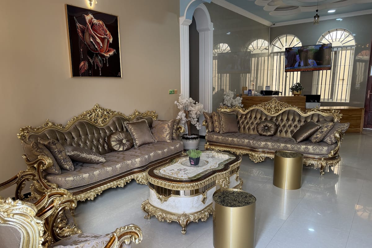 A luxurious living room with ornate sofas, a marble coffee table, and a television in the background.