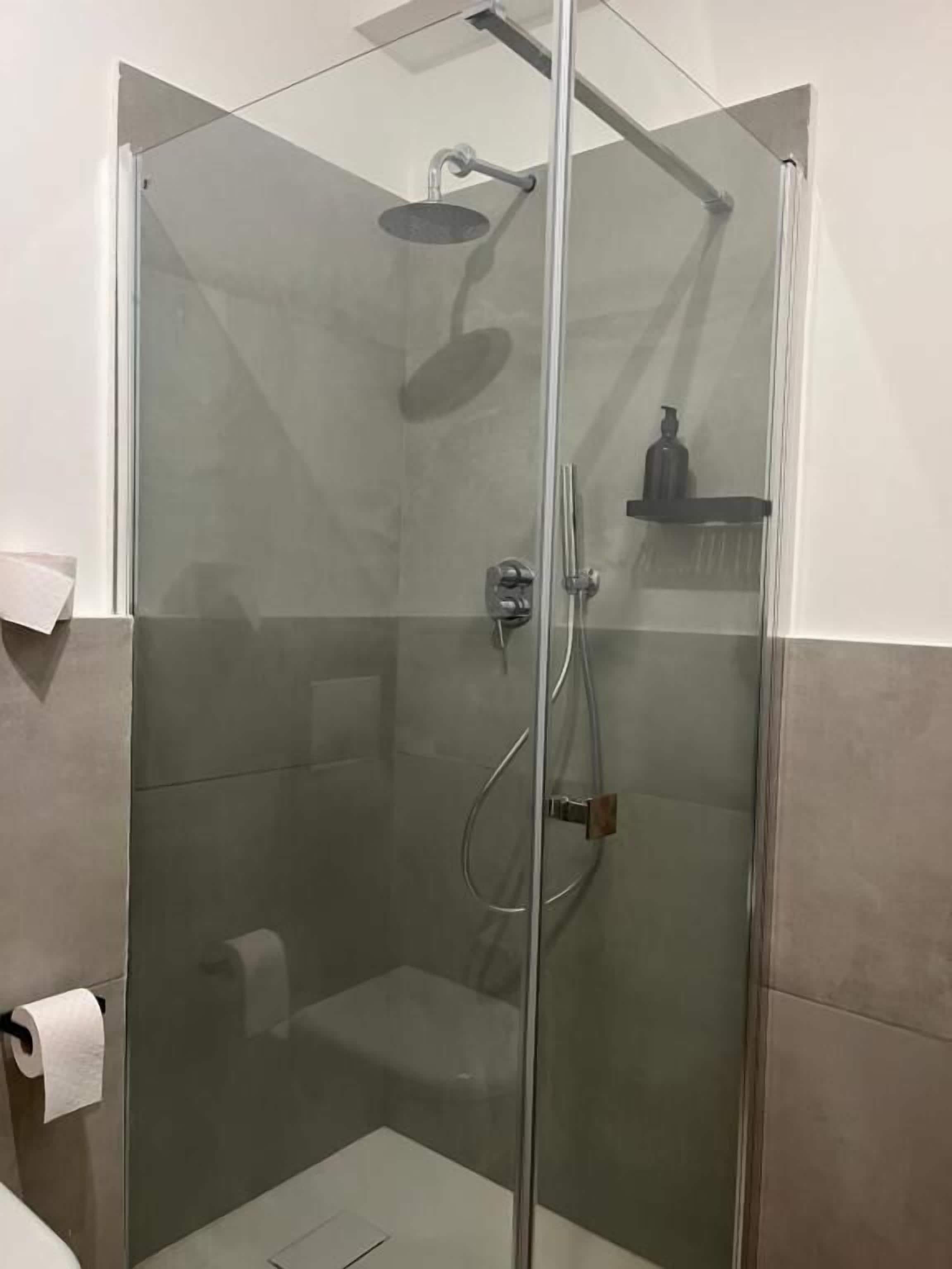 A glass-enclosed shower with a handheld showerhead and a wall-mounted faucet.