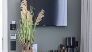 Pieni keittonurkkaus, jossa on pieni jääkaappi, kahvinkeitin ja seinälle asennettu taulutelevisio.