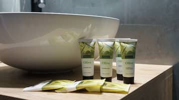 Dusche, Haartrockner, Hausschuhe, Handtücher