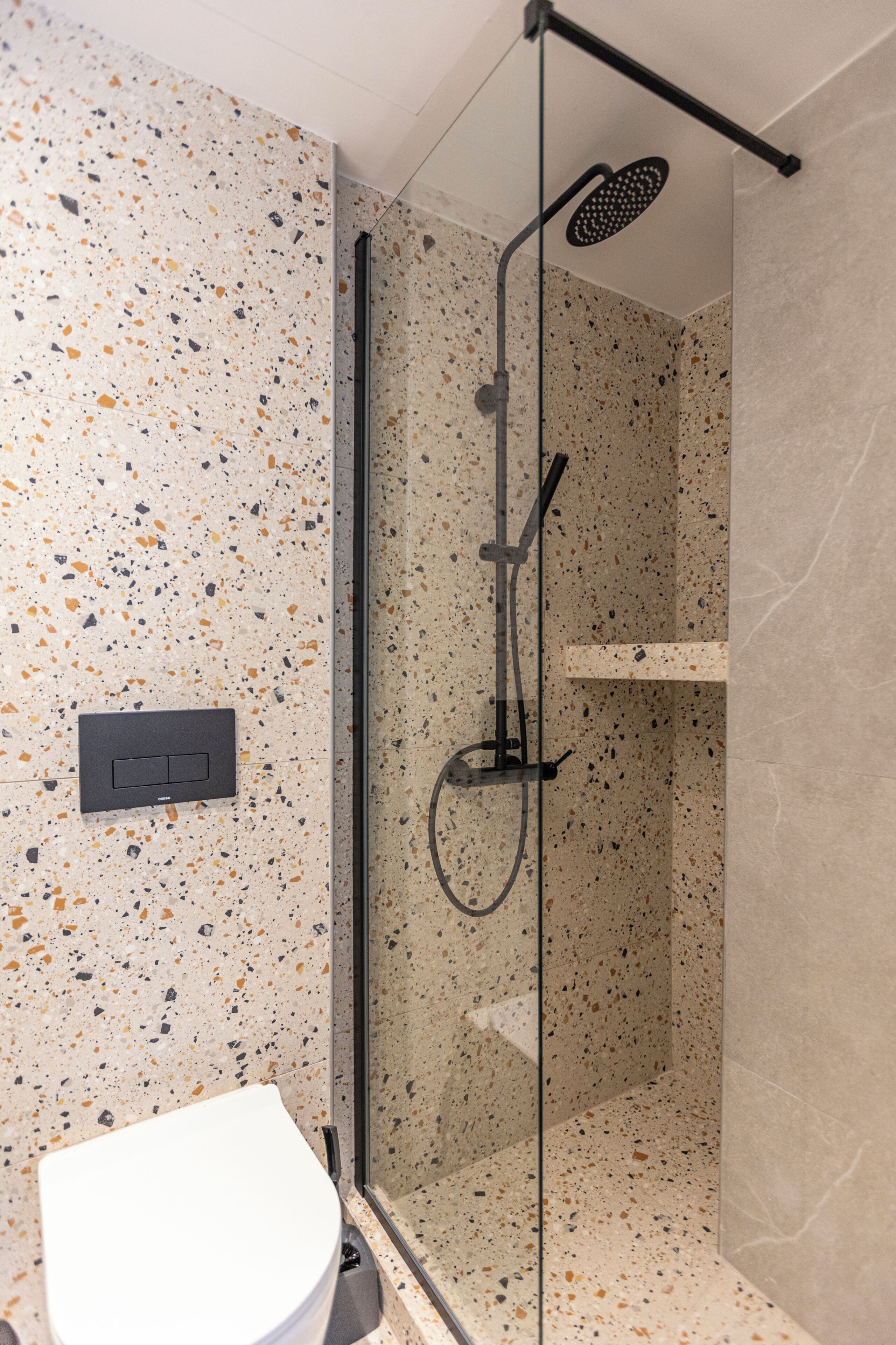 A modern bathroom with a glass-enclosed shower, a white toilet, and a speckled tile wall.