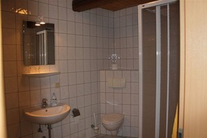 Douche, sèche-cheveux, serviettes fournies, savon