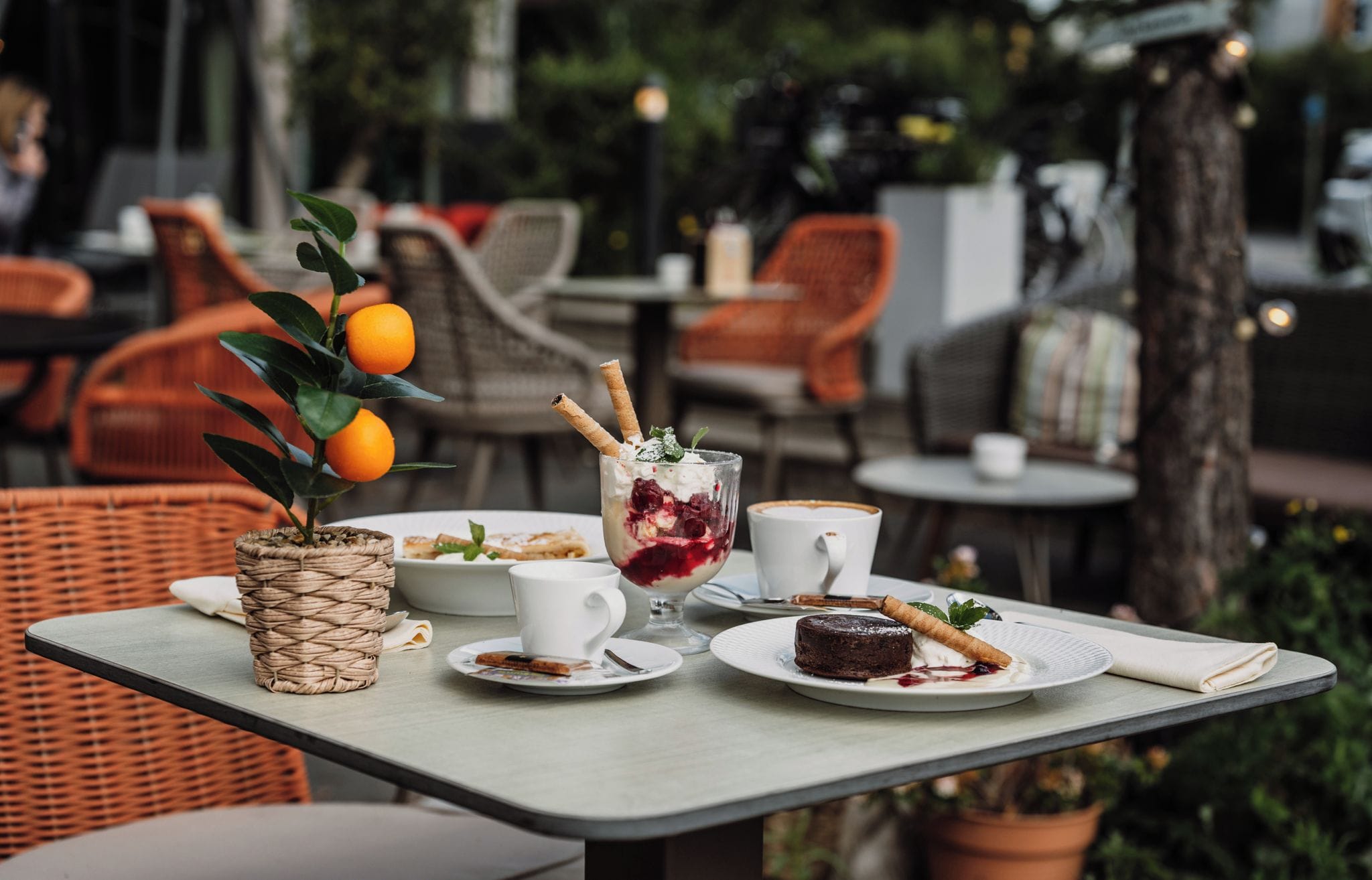 Un área de comedor al aire libre con sillas de mimbre, una mesa con platos de comida, una planta en maceta y un vaso de postre.