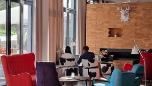 Ein moderner Lounge-Bereich mit verschiedenen Sitzmöglichkeiten, darunter Sessel und Sofas, und einer Wand mit Holzfurnier und Dekoration im Hirsch-Design.