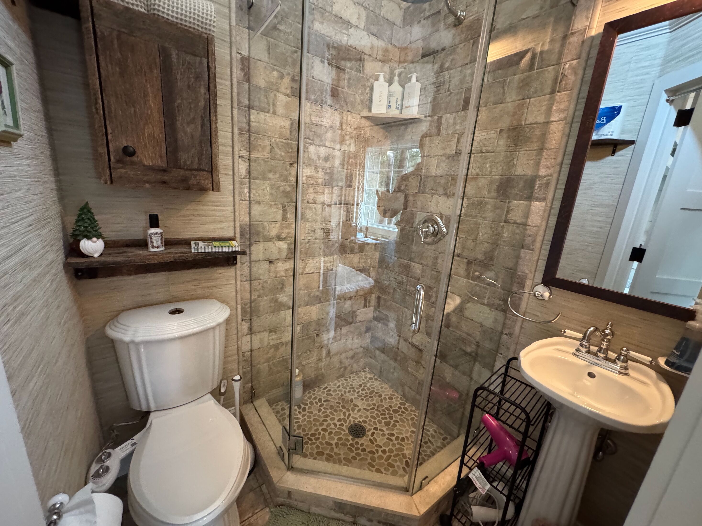 Shower, hair dryer, towels