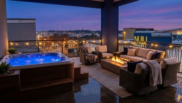 A rooftop terrace with a hot tub, outdoor seating, and a city view at dusk. - NuLu Skyline 5BR Penthouse and Rooftop Spa (Louisville)