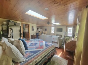 A bedroom with a large bed, a desk, a chair, a wardrobe, and a skylight.