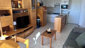 A compact living space with a wooden entertainment unit, a television, a small table with a tissue box, a sofa, and a kitchen area with white cabinets and appliances. - RESIDENCE L'ISLE CATHERINE BEL APPARTEMENT 2 PIECES RDC JARDIN PRIVATIF PK ET CLIM (Le Grau-du-Roi)