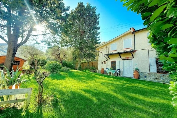 A house with a well-maintained lawn, a patio with outdoor furniture, and a large tree in the background.