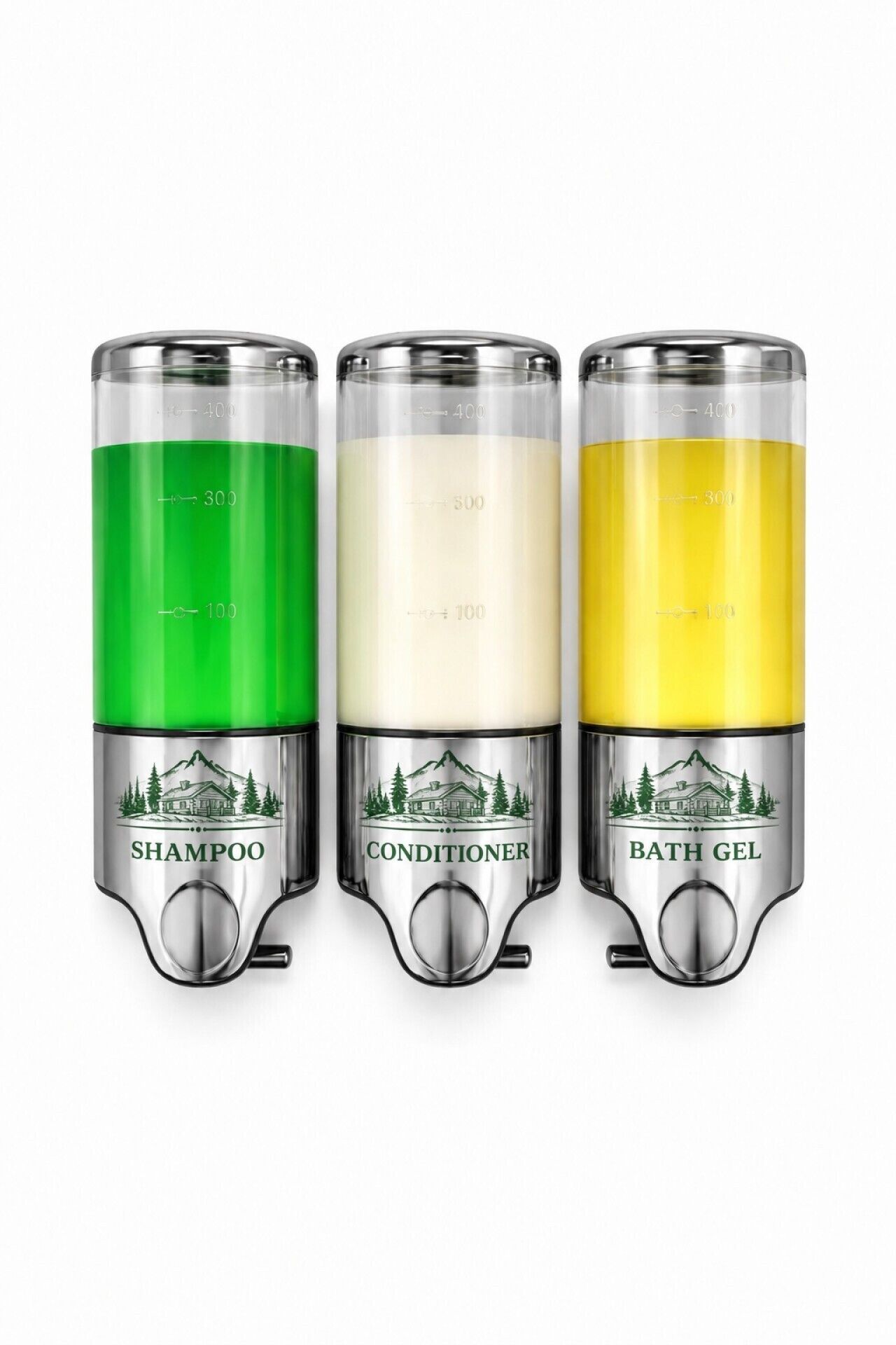 Three bottles of shampoo, conditioner, and bath gel with measurement markings.