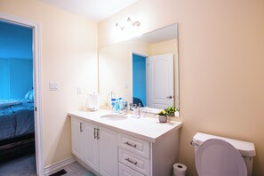 Hair dryer, towels, soap, toilet paper