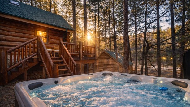 Ein Whirlpool inmitten bewaldeter Landschaft, mit einer Holzhütte und einer Treppe zu einer Terrasse.