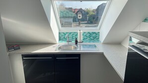 A compact kitchen with a skylight, a sink, and a dishwasher. - Blauer Stein - Pure - bl07-haus (Pulheim)