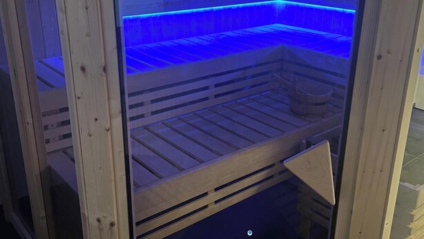 A sauna with wooden walls and benches, a door with a handle, and a visible light switch. - Blauer Stein - Pure - bl07-haus (Pulheim)