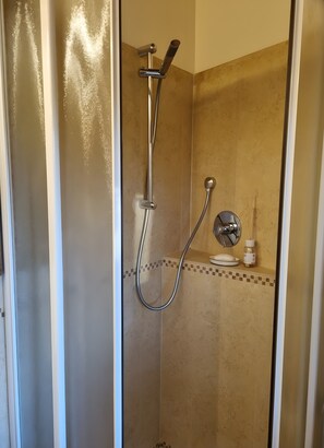 Shower, hair dryer, towels