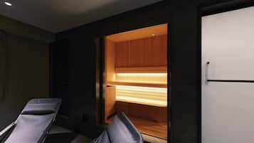 Uma sala de sauna com bancos de madeira e uma porta branca.
