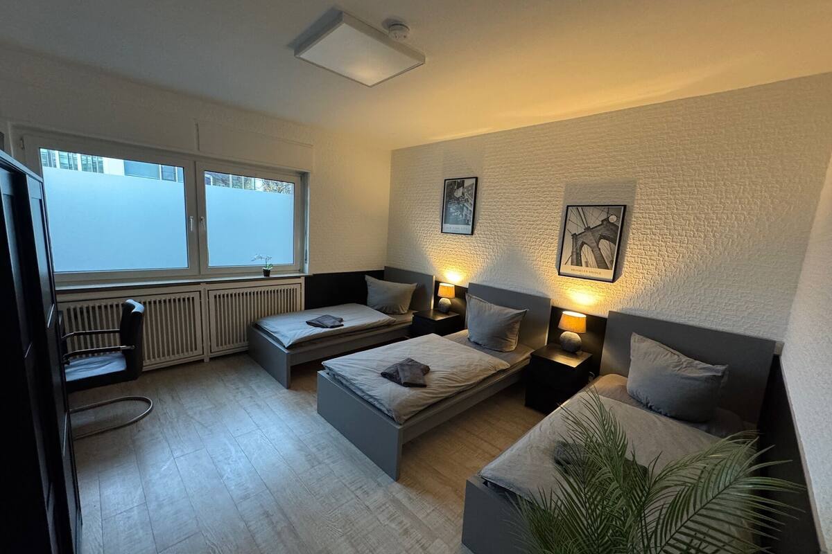 Une chambre avec deux lits, un radiateur, une fenêtre et une plante.