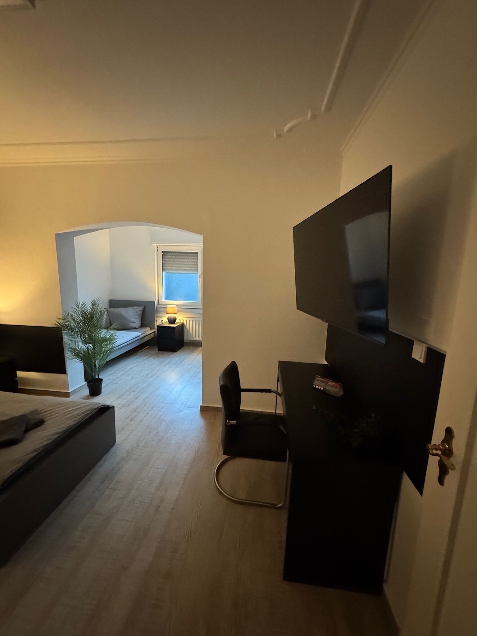 Un salon moderne avec un téléviseur à écran plat, un canapé, une table à manger et une petite plante.