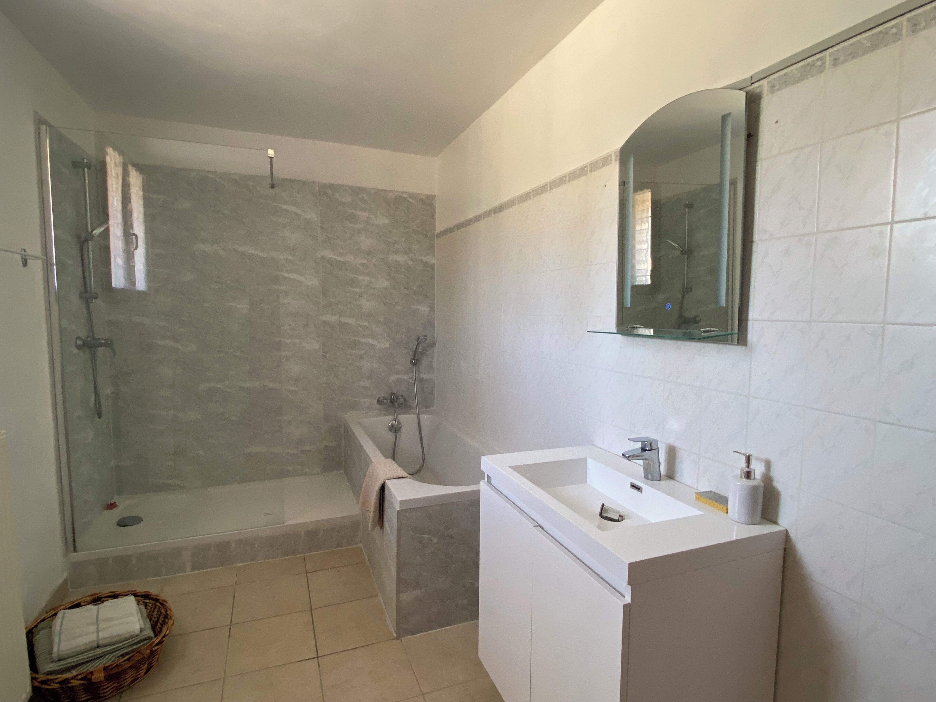 A bathroom with a glass-enclosed shower, a bathtub, and a white vanity with a mirror.