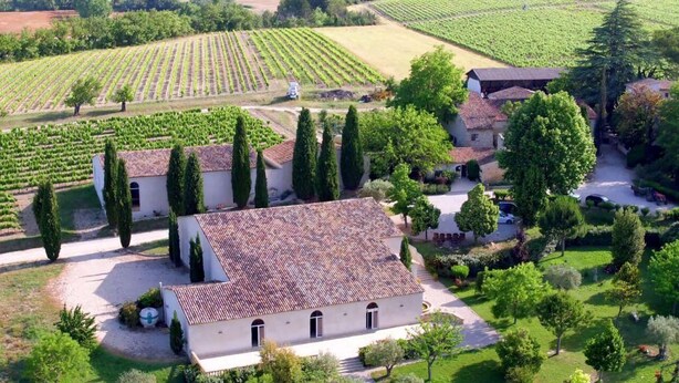 A vineyard estate with terraced rows of grapevines, a central building with a tiled roof, and surrounding trees. - Château Turcan - Bastide 18th century 6 bdrms with swimming pool (Ansouis)