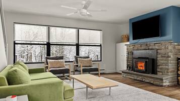 Smart TV, chimenea, libros, impresora