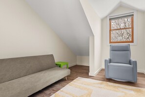 TV connectée, cheminée, livres, imprimantes