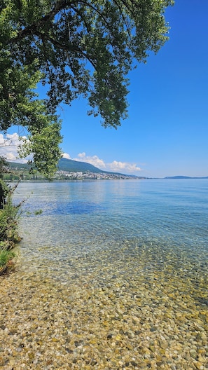 A clear lake with pebbles at the shore, a tree overhanging, and a distant town. - Le Refuge du Cerisier - Peace and Quiet with Alpine Views in La Chaux-de-Fonds (La Chaux-de-Fonds)