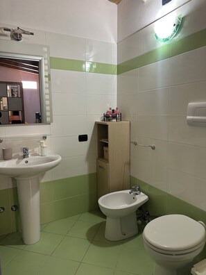 Secadora de cabello, toallas, jabón, papel de baño 