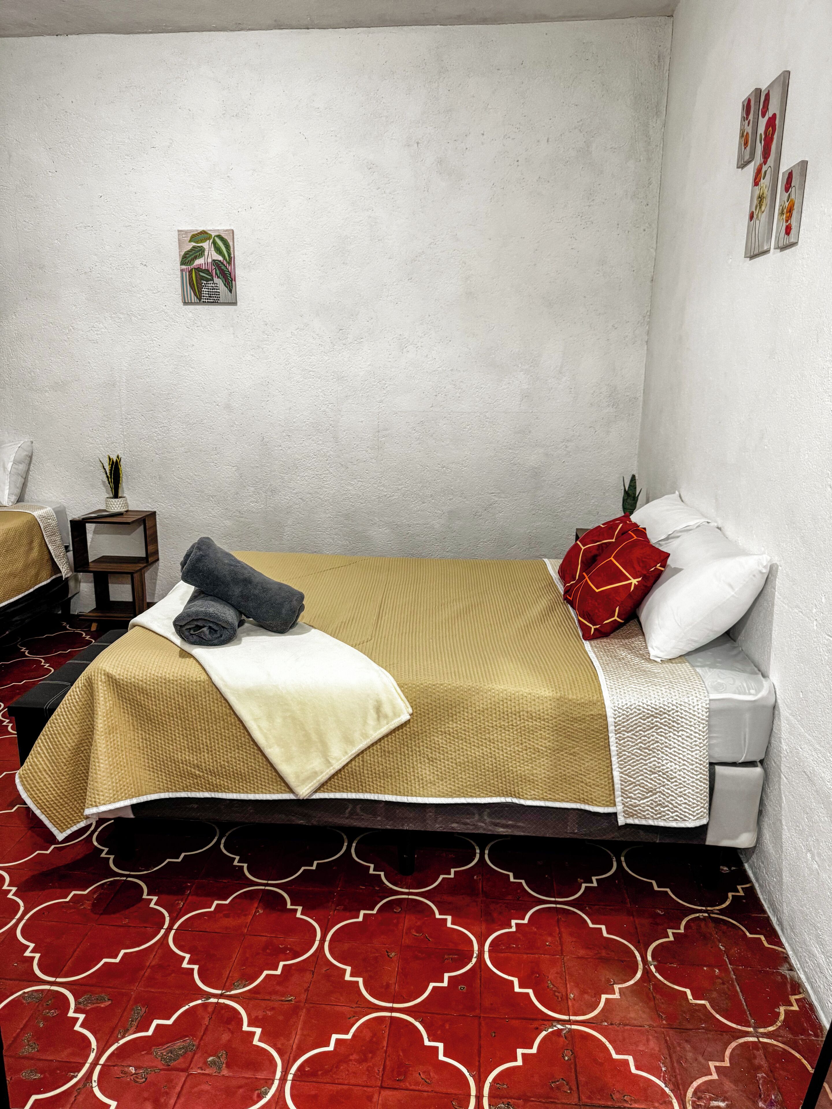 A single bed with a red patterned rug, a small bedside table with a plant, and a wall with framed artwork.