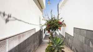 A narrow alleyway with white walls, a concrete floor, and a small garden with plants and flowers. - Home2Book Cozy Sea View Apartment Near the Coast (Arico)