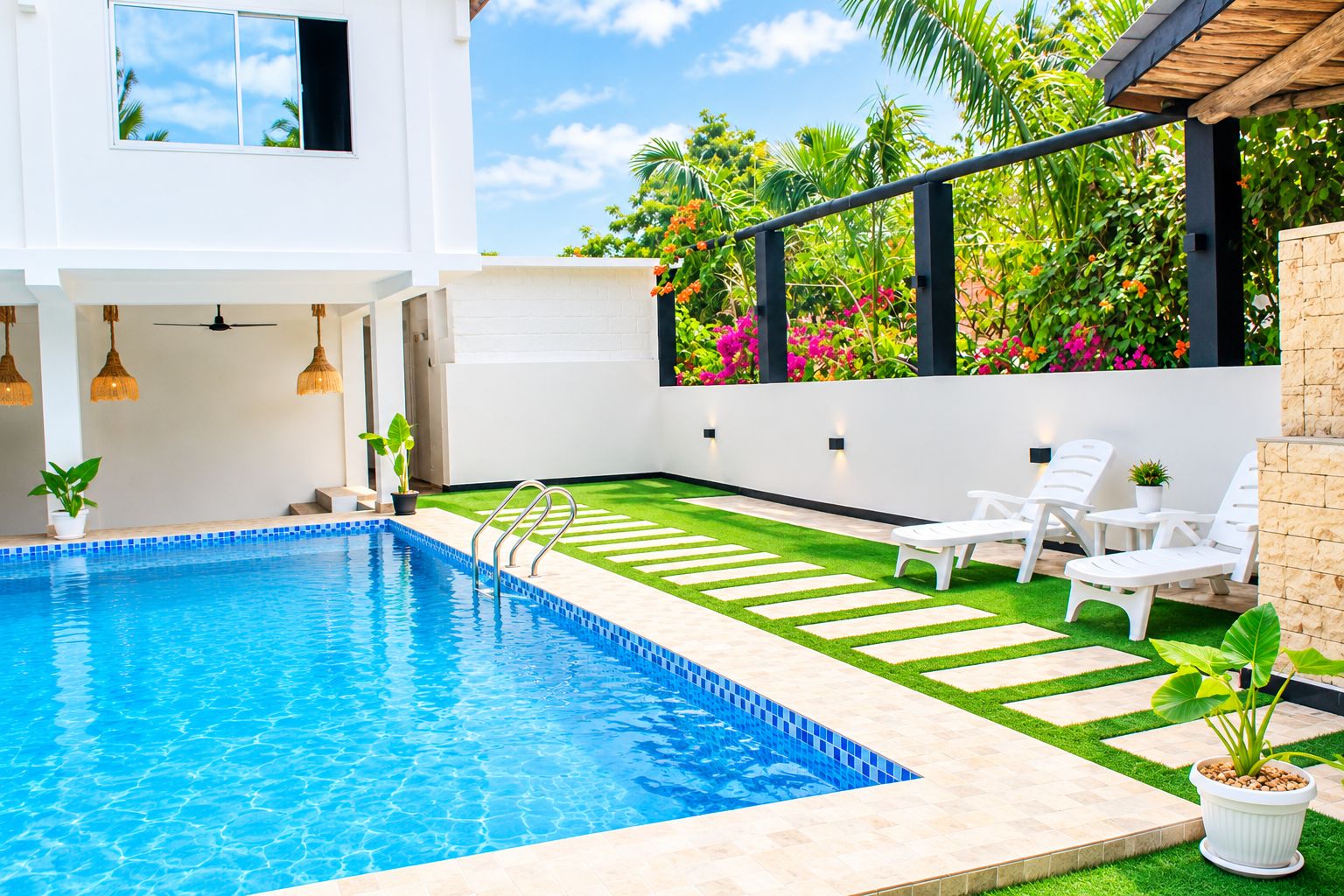 A modern outdoor pool area with a clear blue pool, white lounge chairs, and a well-maintained lawn.