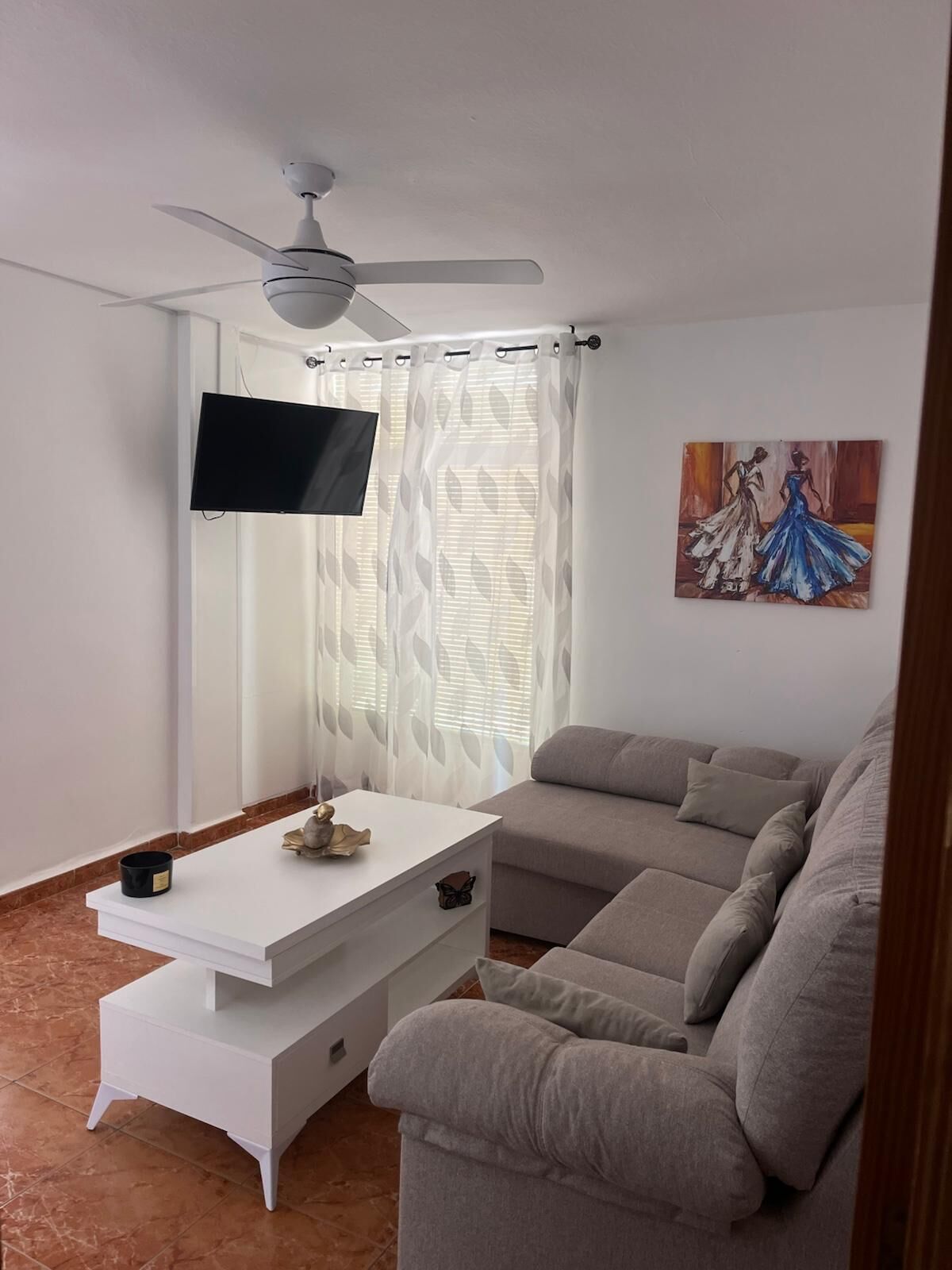 Een woonkamer met een grijze bank, een witte salontafel, een flatscreen televisie, een plafondventilator en een schilderij aan de muur.