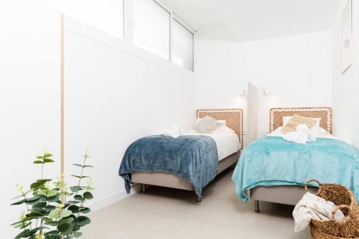 A room with two beds, a potted plant, and a wicker basket.